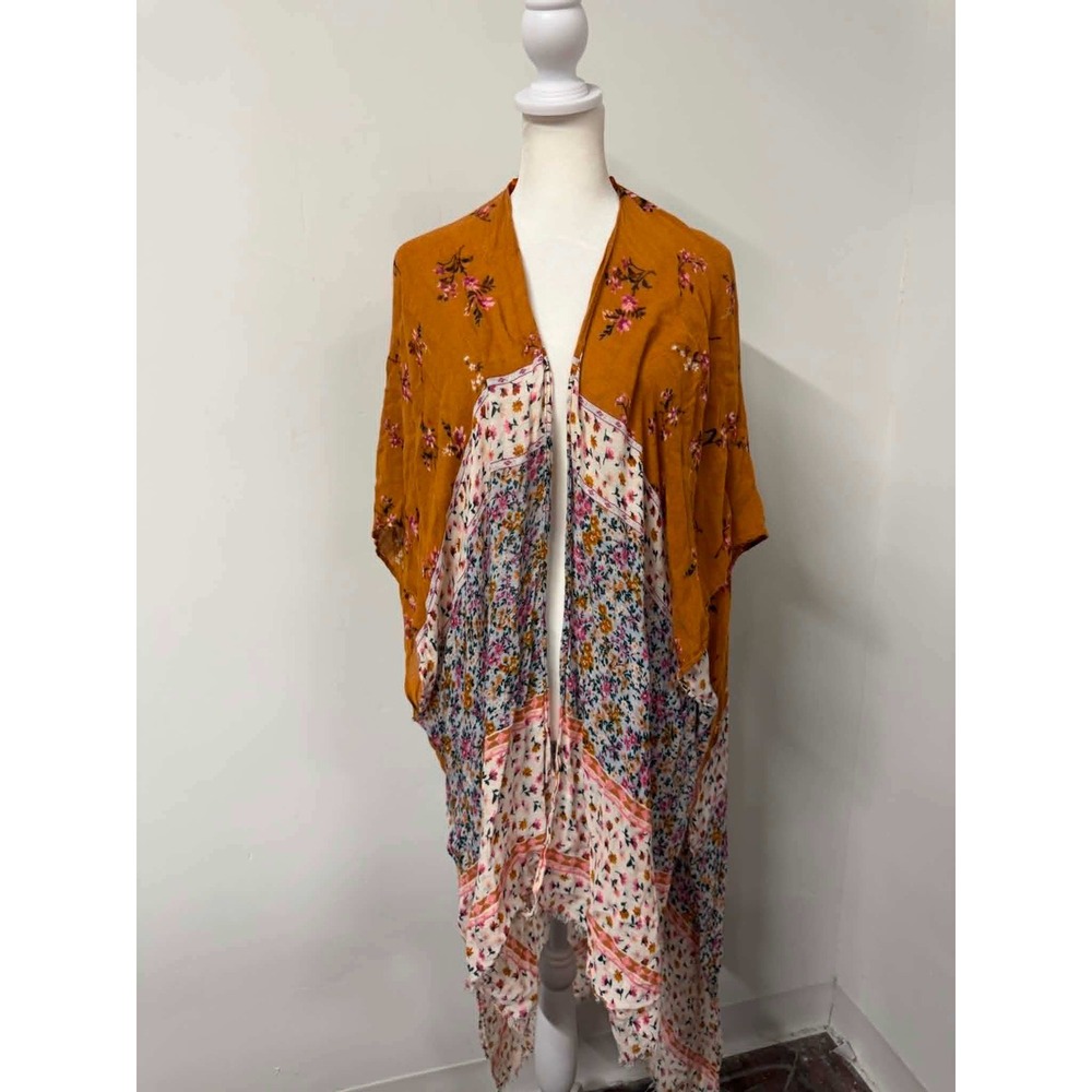 American Eagle Floral Kimono Wrap Mustard Orange Patchwork Viscose OS